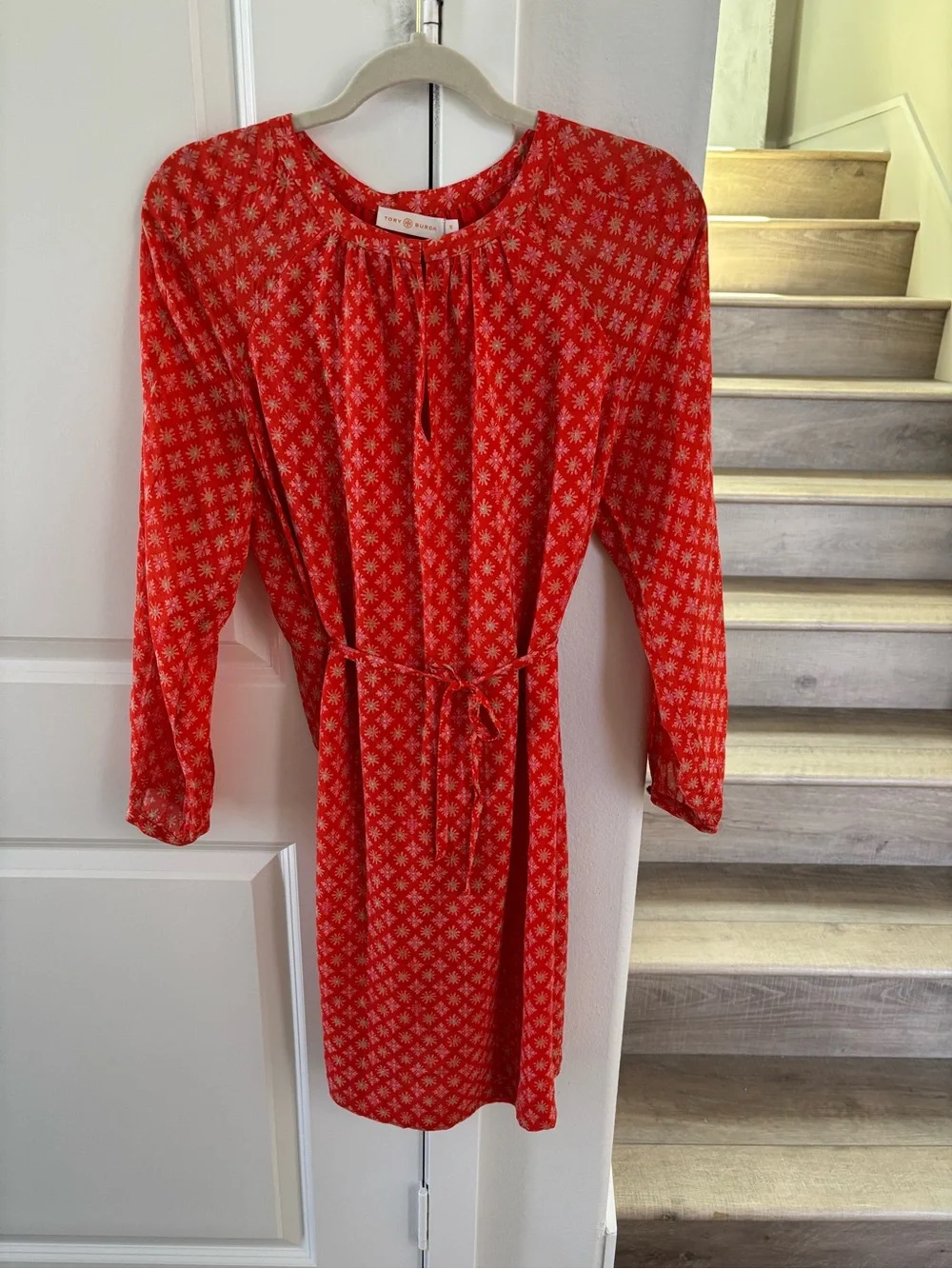 TORY BURCH Like New Orange Cream and Pink Print Long Sleeve Dress